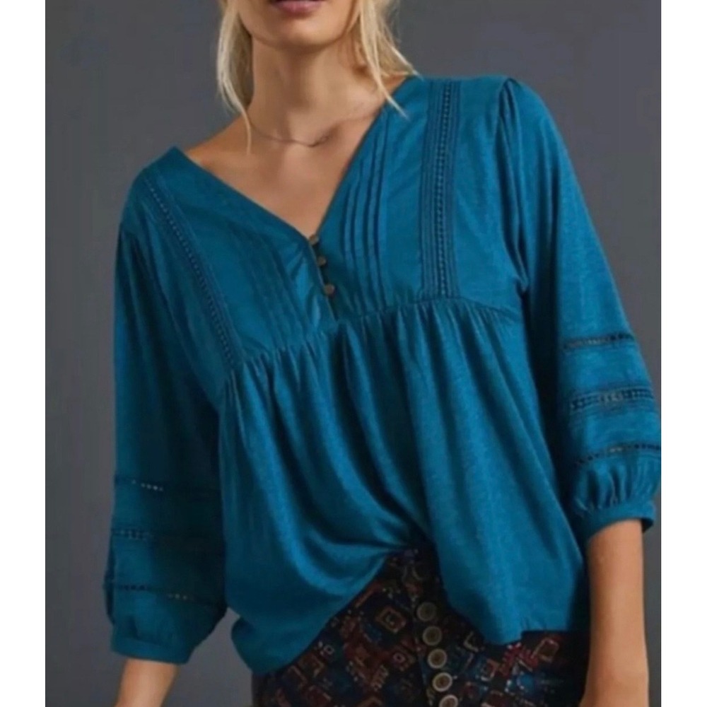 Anthropologie Peasant Blouse Womens Medium Teal Blue Boho Crochet Lace Top